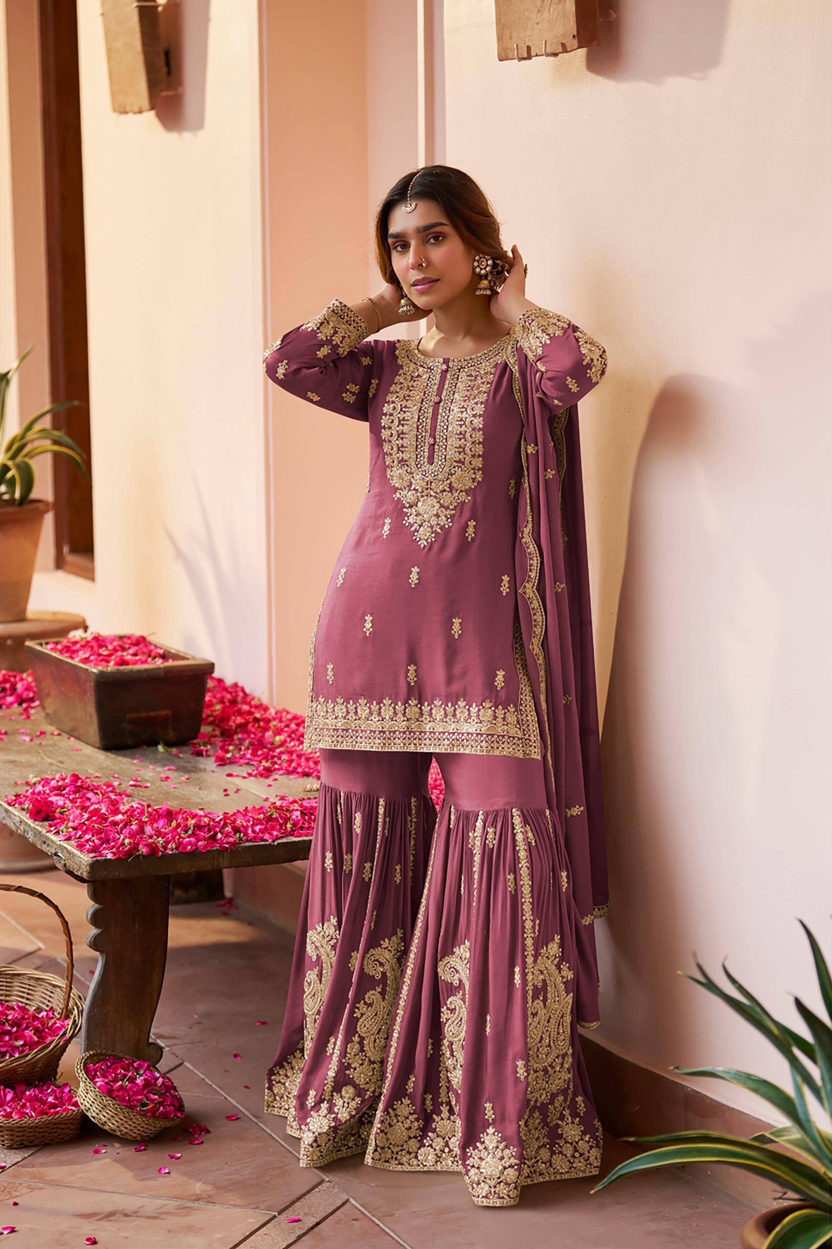 PURVA 7656 COLORS  By Gulkayra Designer 7656A to 7656C series Indian Traditional Wear Collection Real Chinon Sharara suits At Wholesale Price